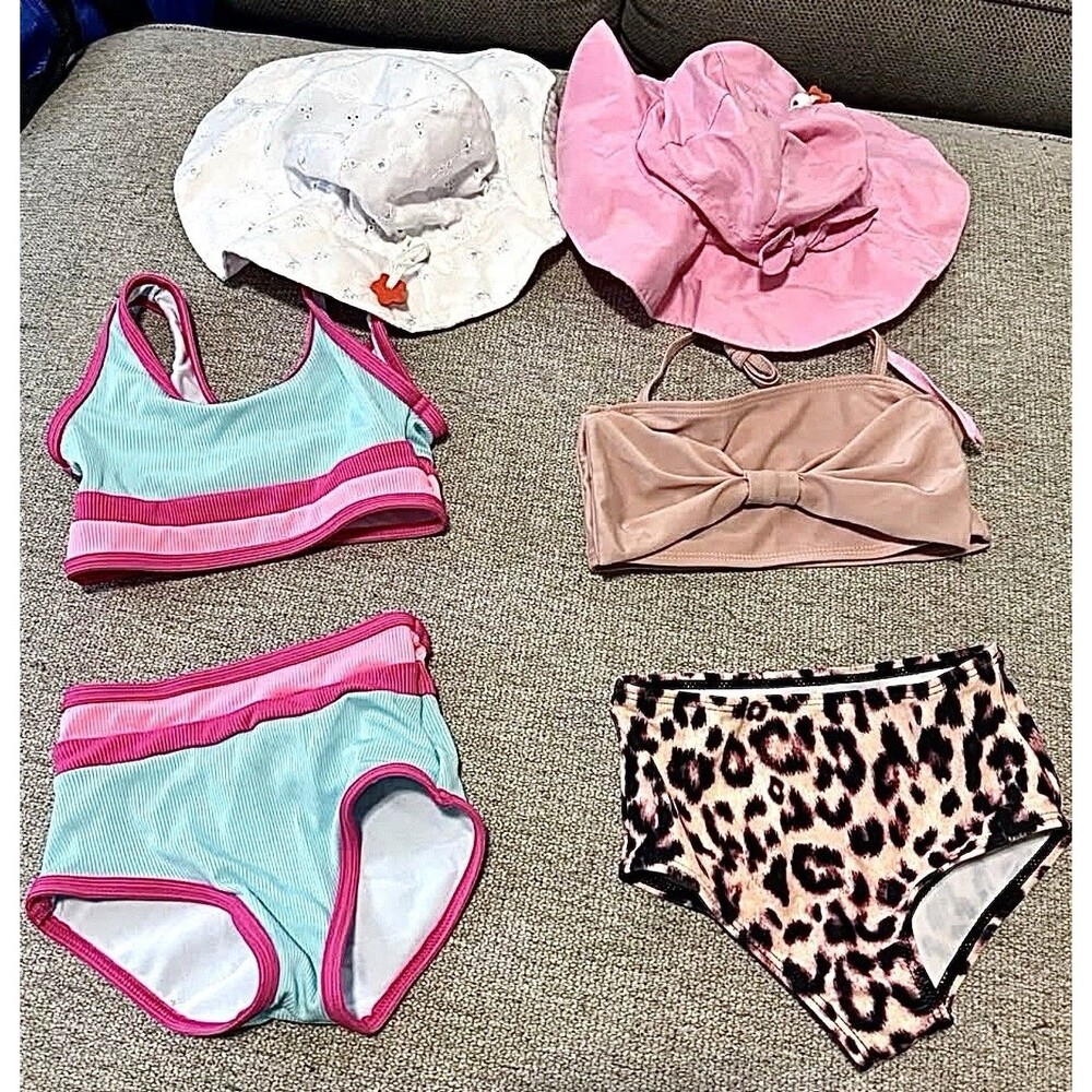 Toddler Girls Swimsuit Lot 2T + Sun Hats Bundle 2 Piece Swim Sets Summer Clothes
